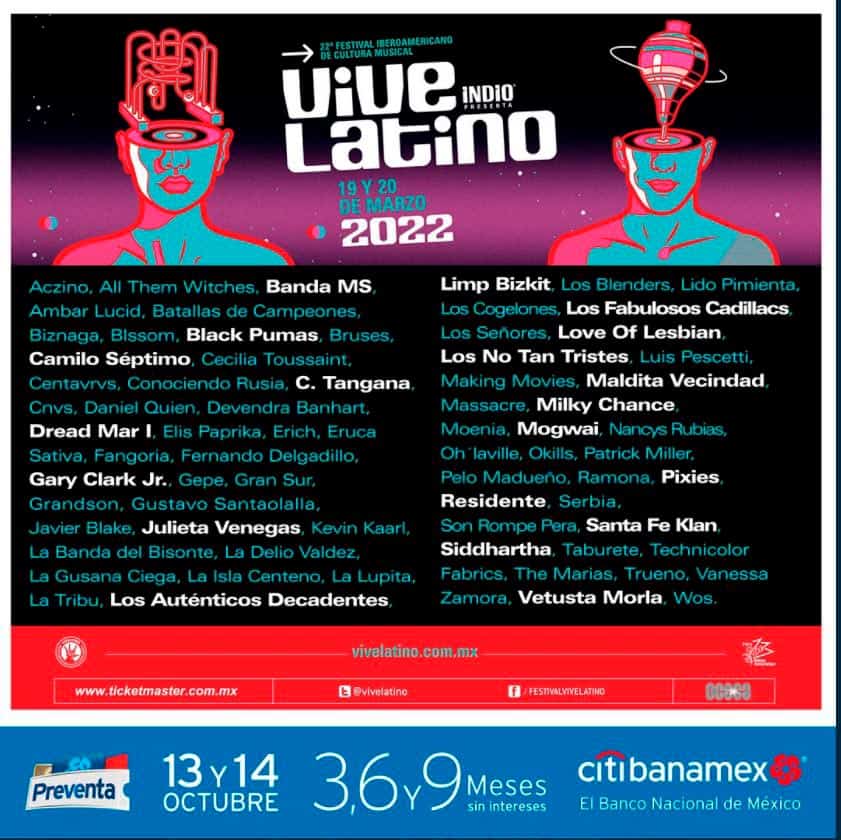 Cartel Vive Latino 2022 que anuncia a Limp Bizkit en el evento